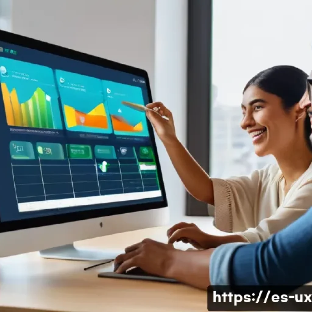 사람 중심 디자인 원칙 - A warm, modern digital workspace scene featuring a diverse group of Latin American professionals col...