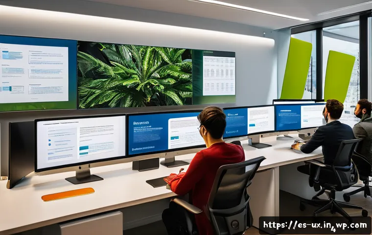 공감 기반 UX의 법적 및 제도적 측면 - A modern digital office environment showing a diverse team of UX designers and legal experts collabo...