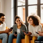 사용자 커뮤니티와의 공감적 소통 전략 - A diverse group of young Spanish-speaking adults in a warm, cozy living room setting, sharing person...