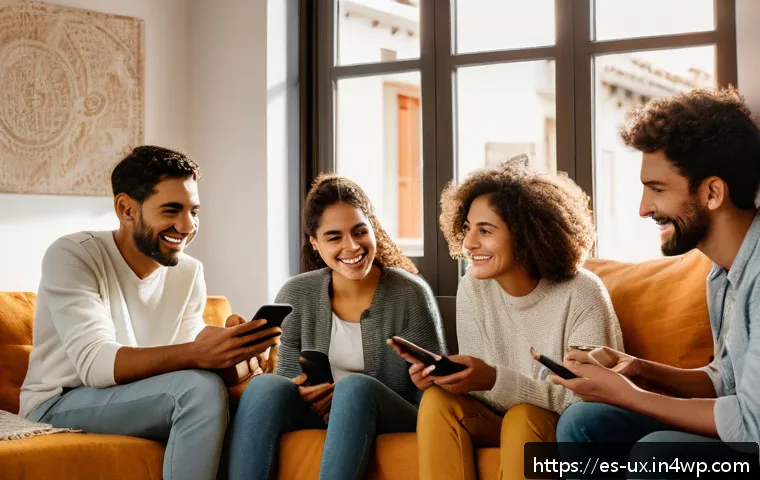 사용자 커뮤니티와의 공감적 소통 전략 - A diverse group of young Spanish-speaking adults in a warm, cozy living room setting, sharing person...